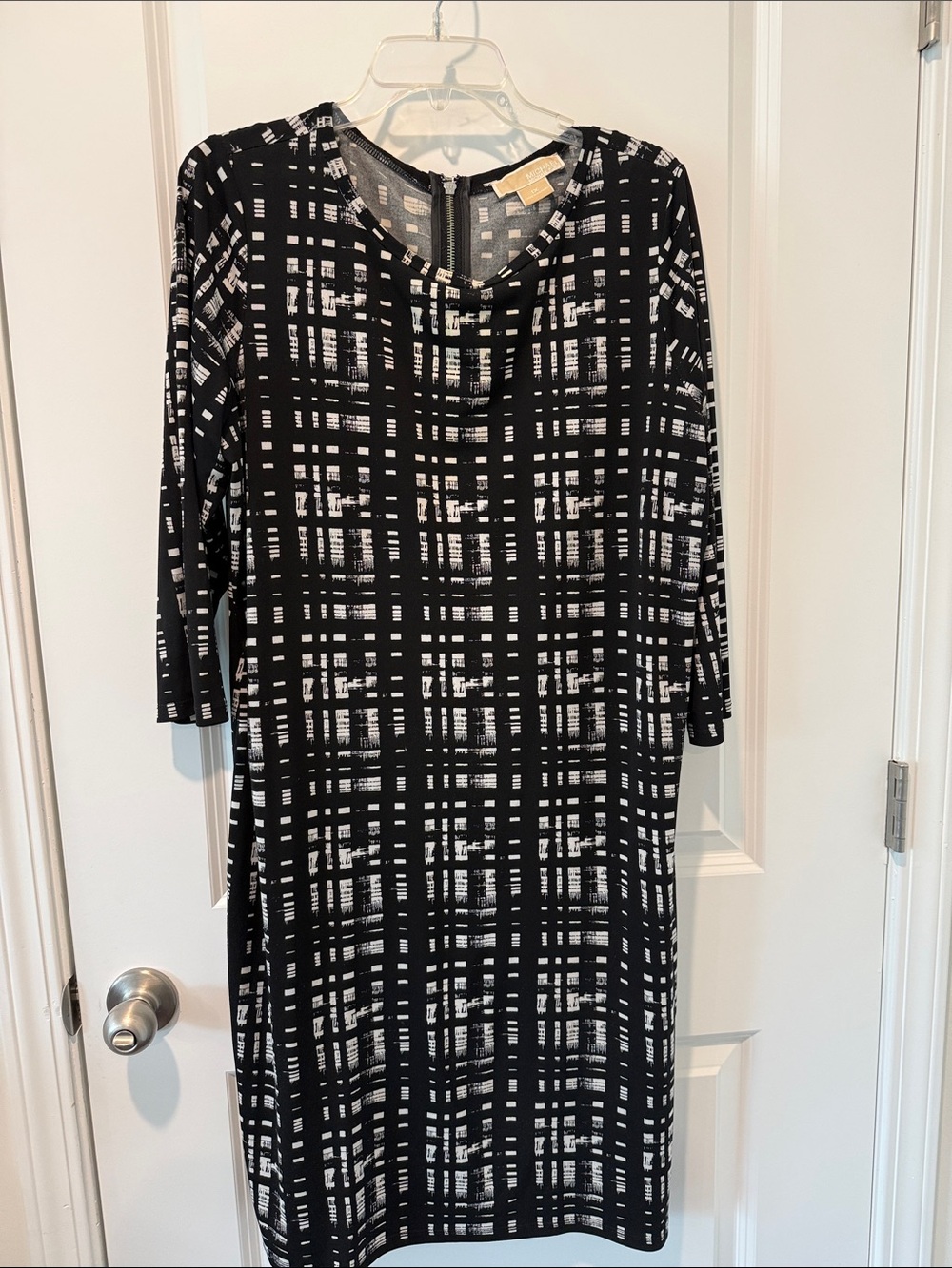 Michael Kors Black and White Plaid Long Sleeve Shift Dress